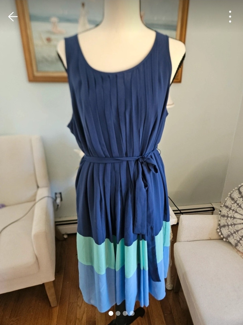 Sleeveless Navy and Teal Pleated Midi Dress with Self-Tie Belt